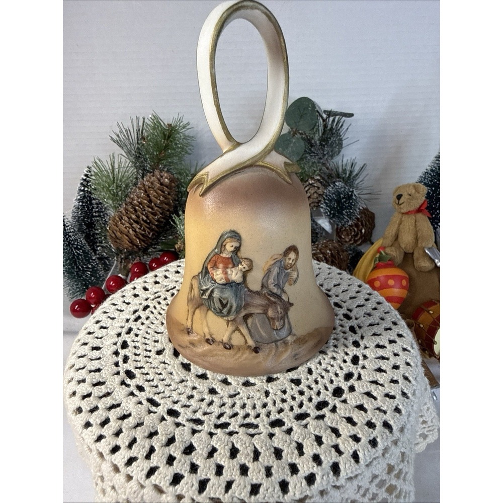Vintage Porcelain Hand Bell Holy Family Fleeing to Egypt on Donkey 1978 sign RR